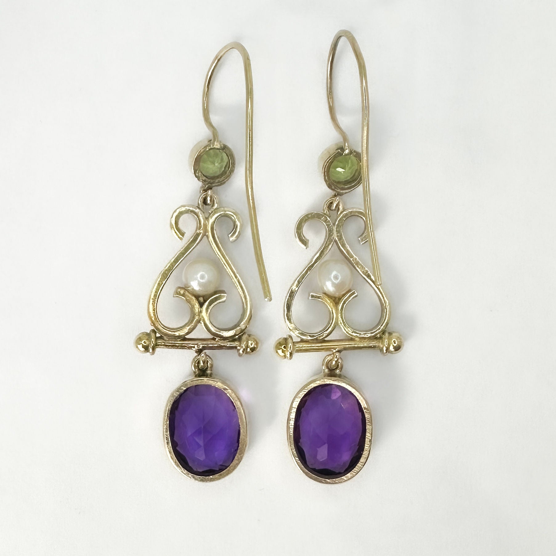 Antique Suffragette Amethyst Peridot and Pearl Drop Earrings
