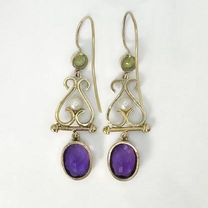 Antique Suffragette Amethyst Peridot and Pearl Drop Earrings