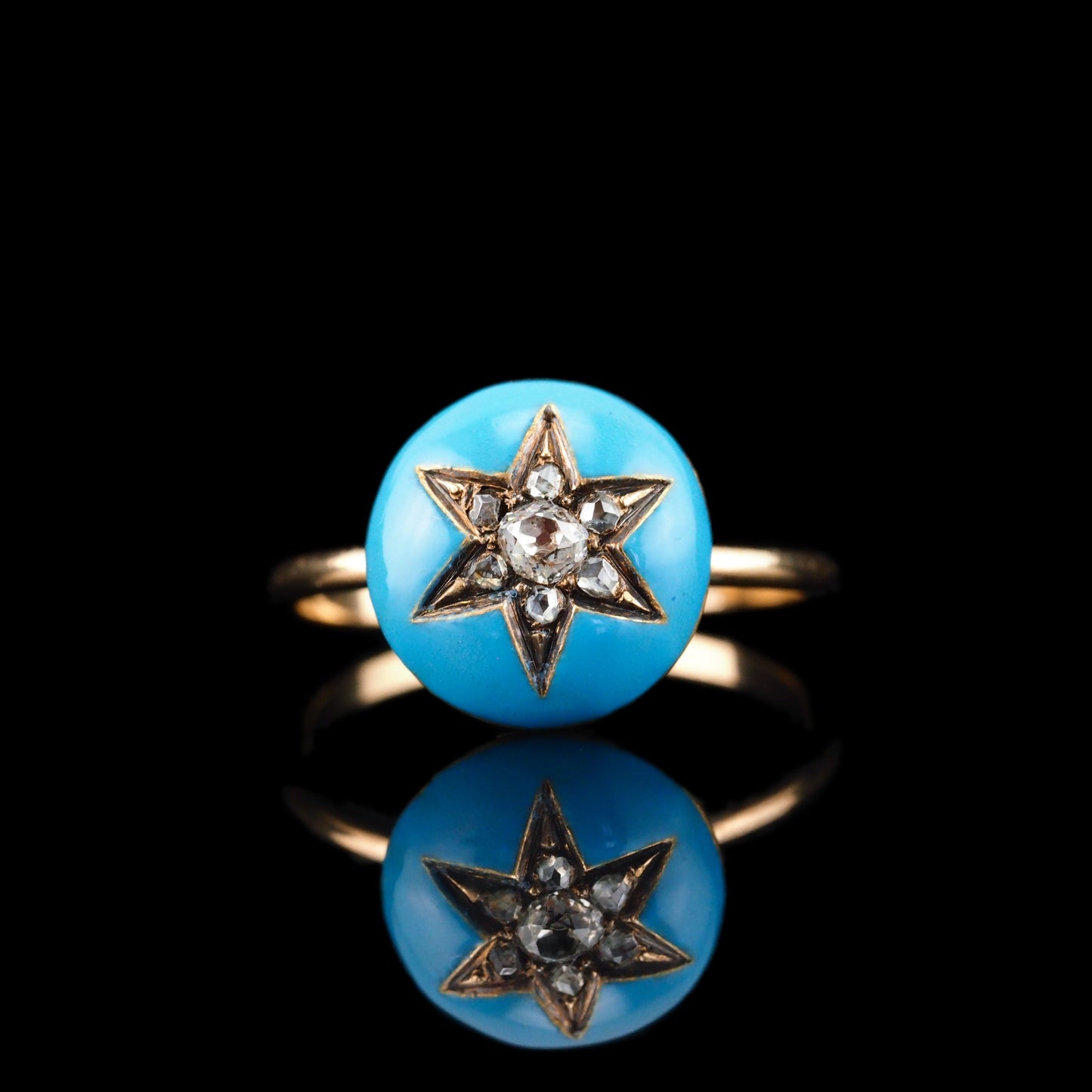 Antique Victorian Diamond Star Ring 9ct Gold Blue Enamel Cabochon - c.1890