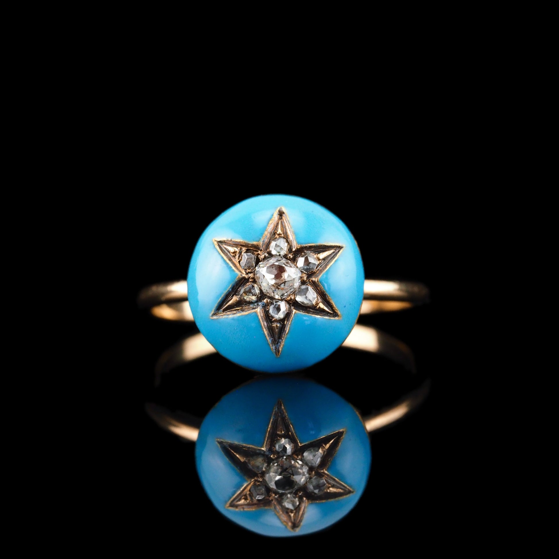 Antique Victorian Diamond Star Ring 9ct Gold Blue Enamel Cabochon - c.1890