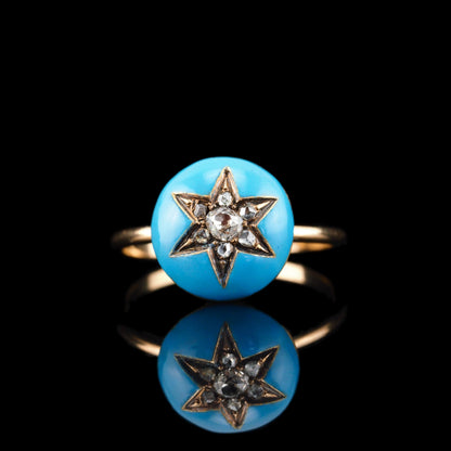 Antique Victorian Diamond Star Ring 9ct Gold Blue Enamel Cabochon - c.1890