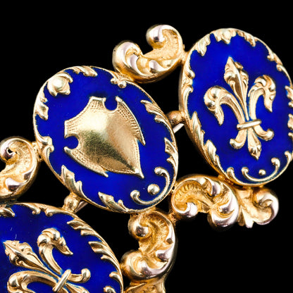 Antique Blue Enamel Fleur de Lys 18ct Gold Brooch in Triple Cartouche Design