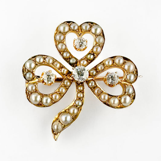 Edwardian Antique Pearl and Diamond Set 15ct Gold Clover Brooch