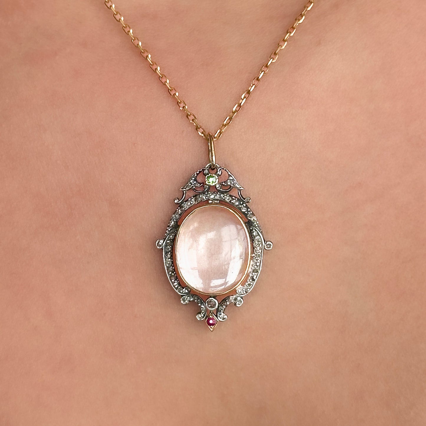 Victorian Antique Rock Crystal and Rose Cut Diamond Cluster Locket Pendant with Emerald and Ruby