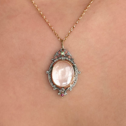 Victorian Antique Rock Crystal and Rose Cut Diamond Cluster Locket Pendant with Emerald and Ruby