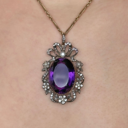 Victorian Antique Amethyst Pearl and Diamond Pendant come Brooch