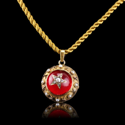 Antique Victorian Diamond & Pearl Star Necklace with Red Rock Crystal Cabochon 15ct Gold - c.1880