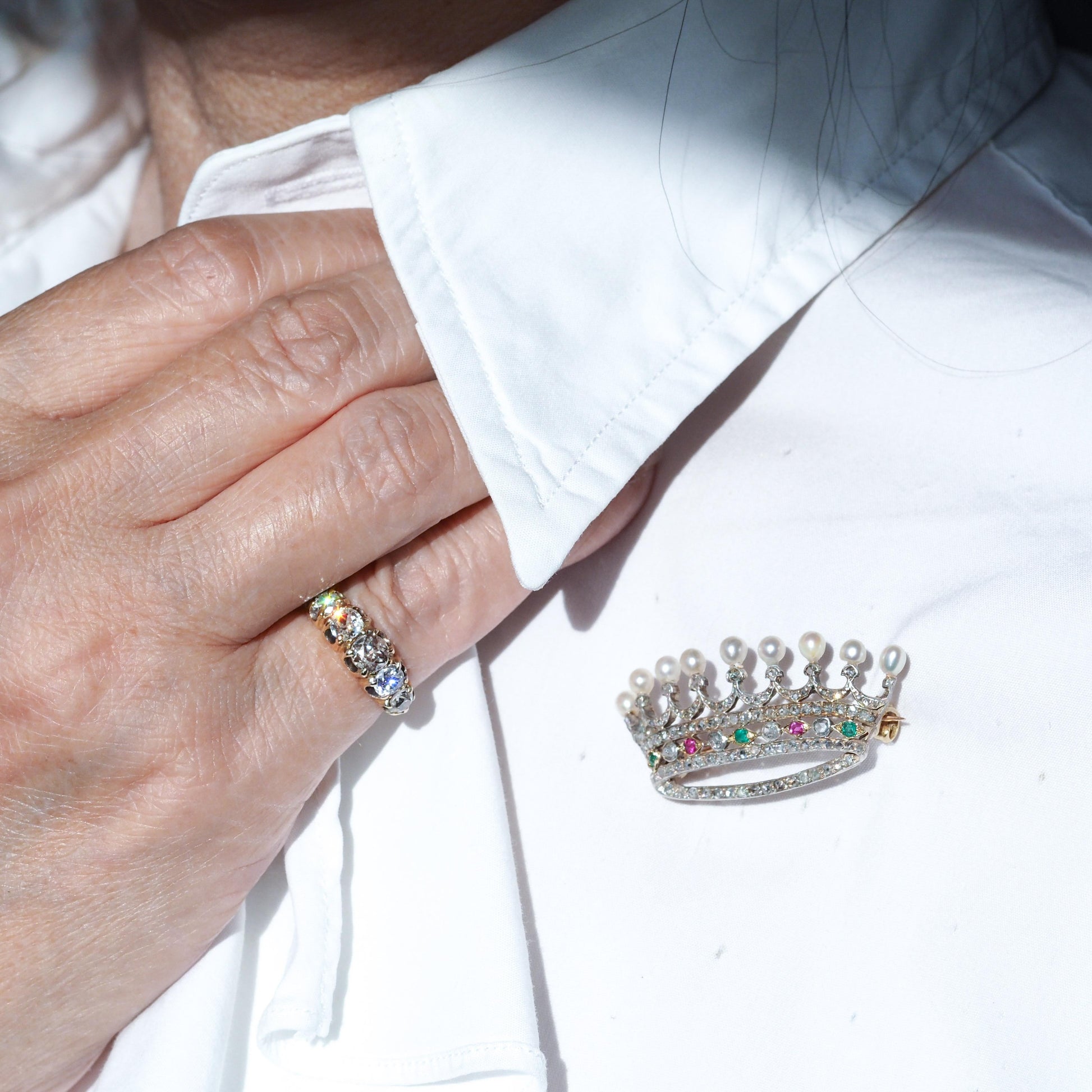 Antique French Ruby Emerald Diamond Pearl Crown Coronet Brooch