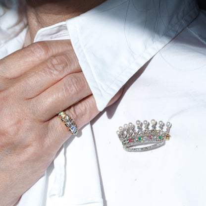 Antique French Ruby Emerald Diamond Pearl Crown Coronet Brooch