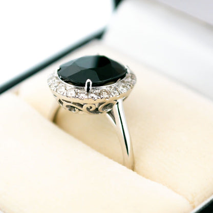 14 Carat White Gold Sapphire and Diamond Oval Cluster Ring, 4.90 Carats