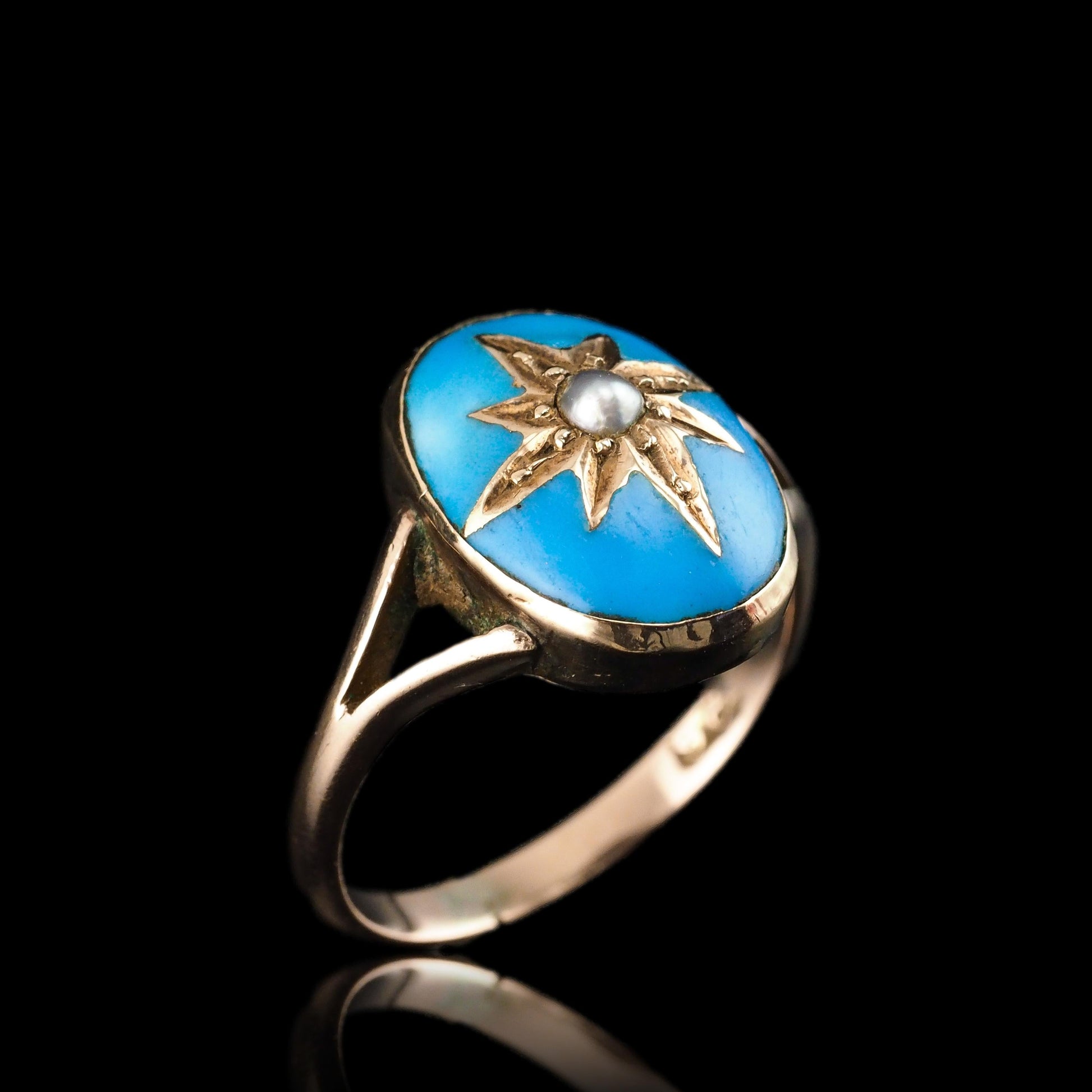 Antique Victorian Blue Enamel & Gold Star Pearl Ring 9K Gold - c.1880