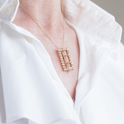 Antique Victorian Diamond Pearl Brooch/Pendant Buckle Shape 18K Gold - c.1890