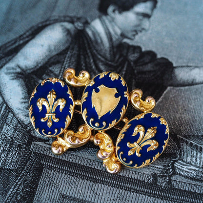 Antique Blue Enamel Fleur de Lys 18ct Gold Brooch in Triple Cartouche Design
