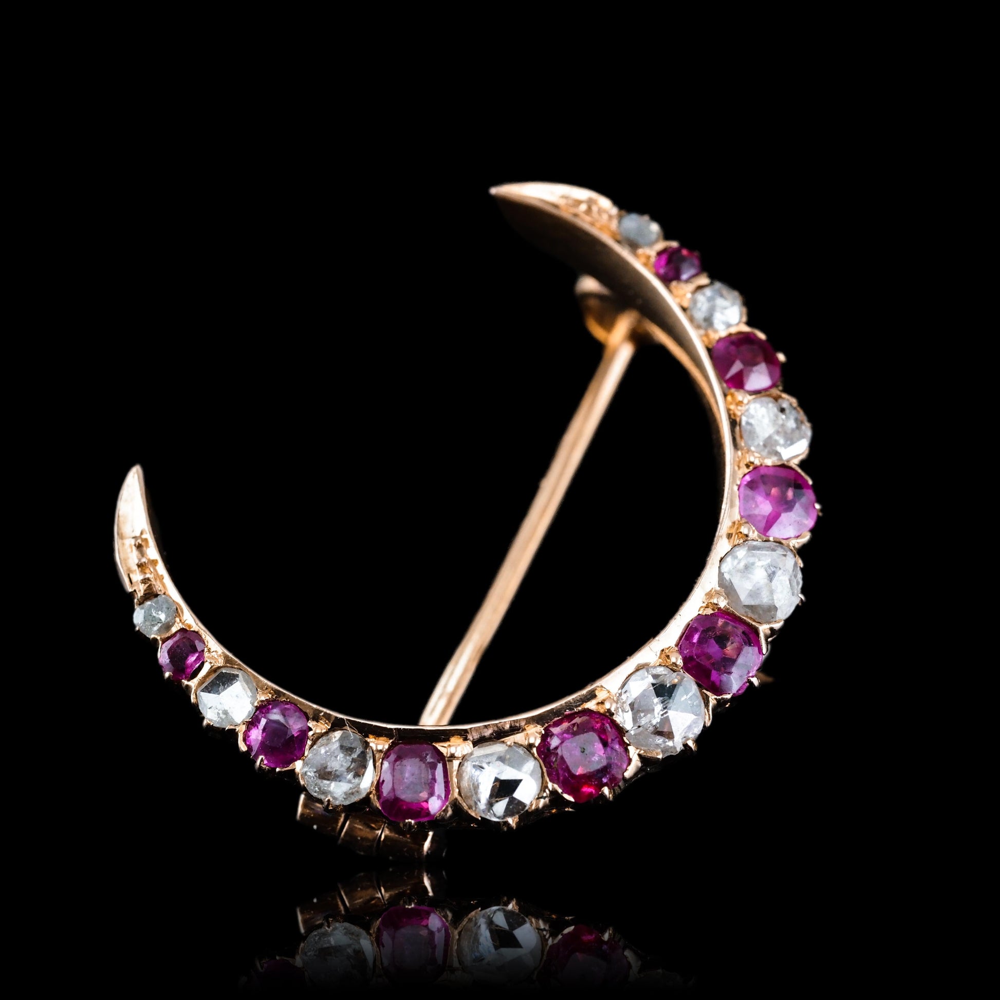 Victorian Antique Victorian Ruby and Old Cut Diamond Crescent Brooch