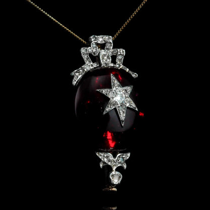 Victorian Antique Garnet and Diamond Star Cabochon Pendant come Brooch