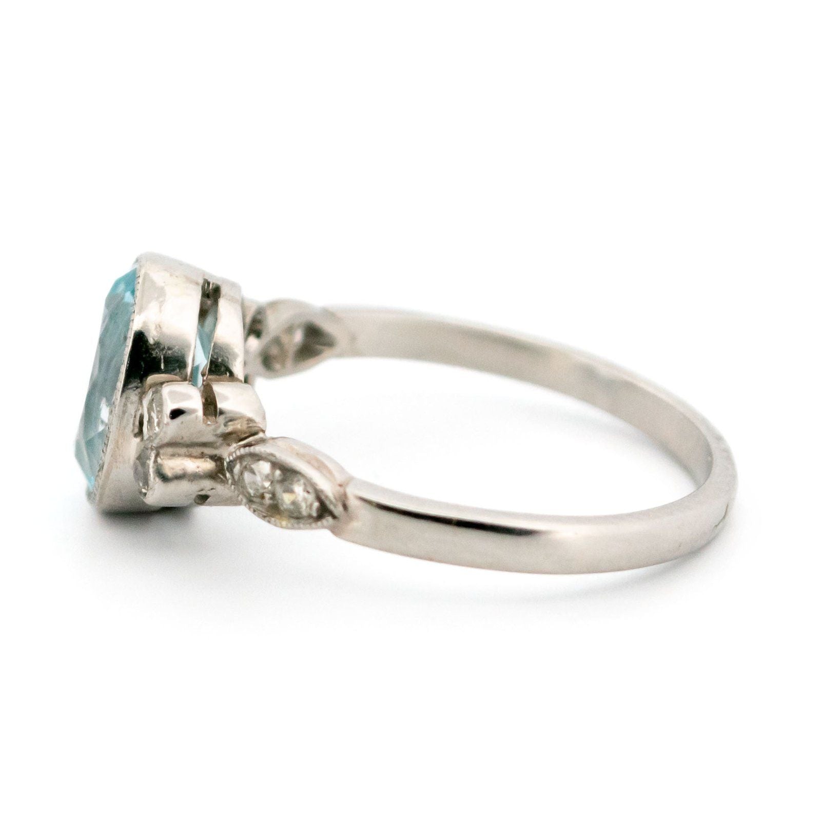 Oval Aquamarine, Old Mine-Cut Diamond and Platinum Ring, 2.30 Carats