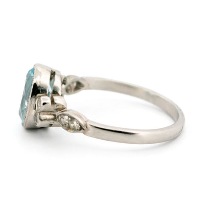 Oval Aquamarine, Old Mine-Cut Diamond and Platinum Ring, 2.30 Carats