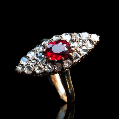 Antique French Natural No Heat Ruby and Old Cut Diamond Navette Cluster Ring, Circa 1890
