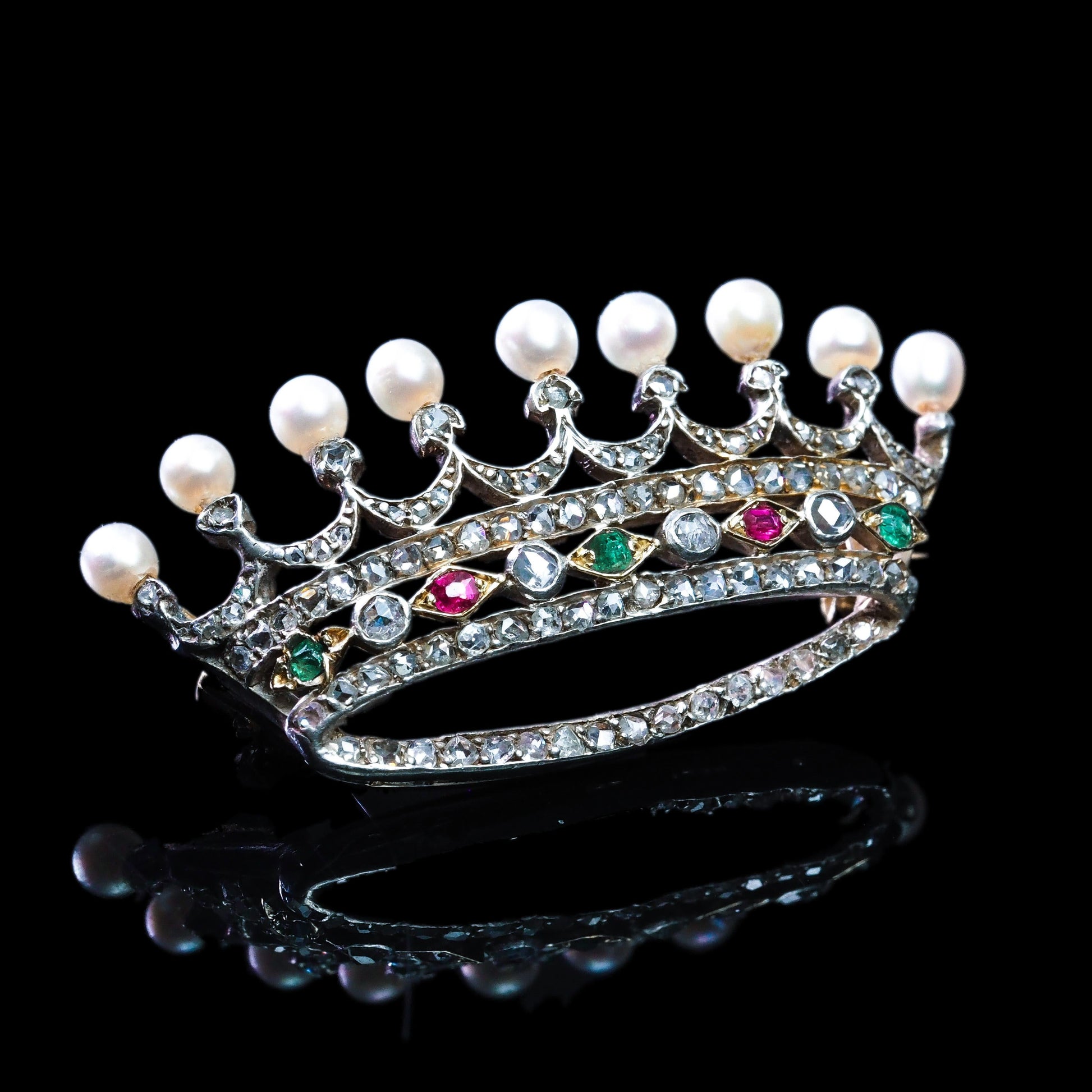 Antique French Ruby, Emerald, Diamond Pearl Crown Coronet Brooch 18K Gold c.1900