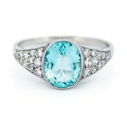 Art Deco Style Aquamarine, Diamond and Platinum Ring, 1.71 Carats