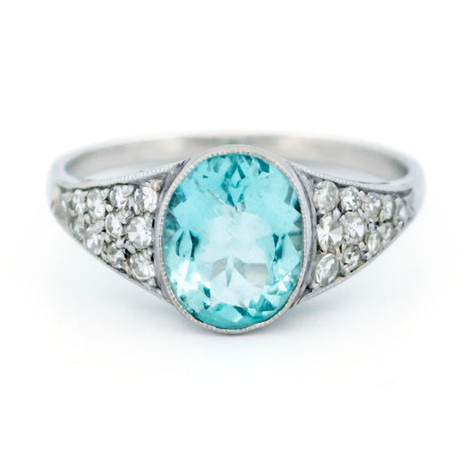 Art Deco Style Aquamarine, Diamond and Platinum Ring, 1.71 Carats