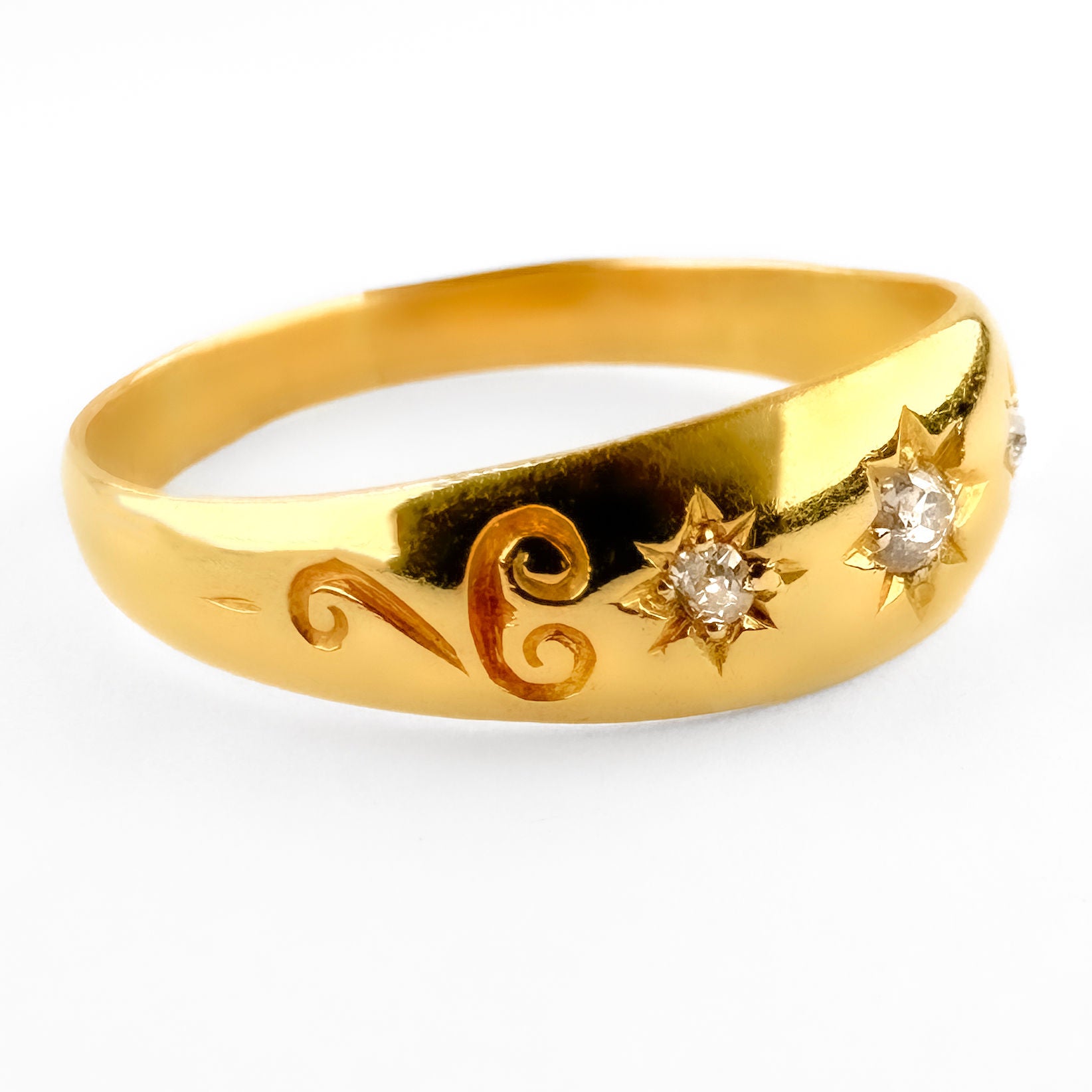 Victorian 3 Stone Diamond Gypsy Ring With Scroll Detailing