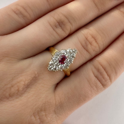 Antique Burma Ruby and Old Cut Diamond Marquise Navette Cluster Ring