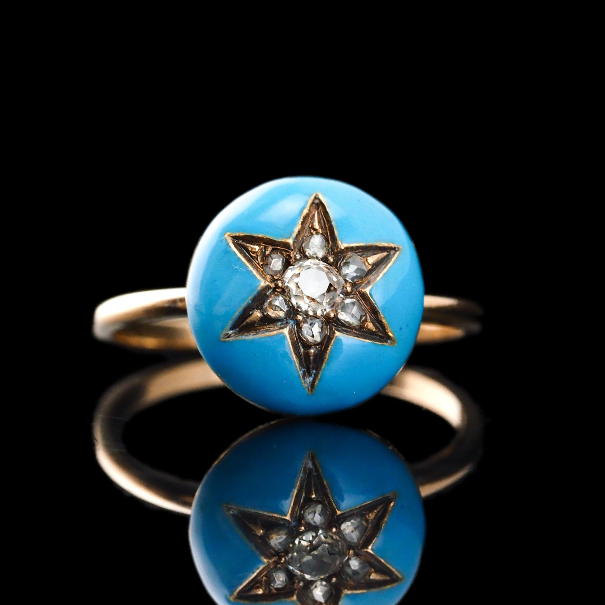 Antique Victorian Diamond Star Ring 9ct Gold Blue Enamel Cabochon - c.1890