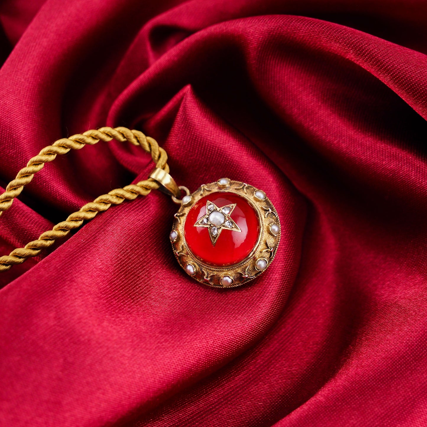 Antique Victorian Diamond & Pearl Star Necklace with Red Rock Crystal Cabochon 15ct Gold - c.1880