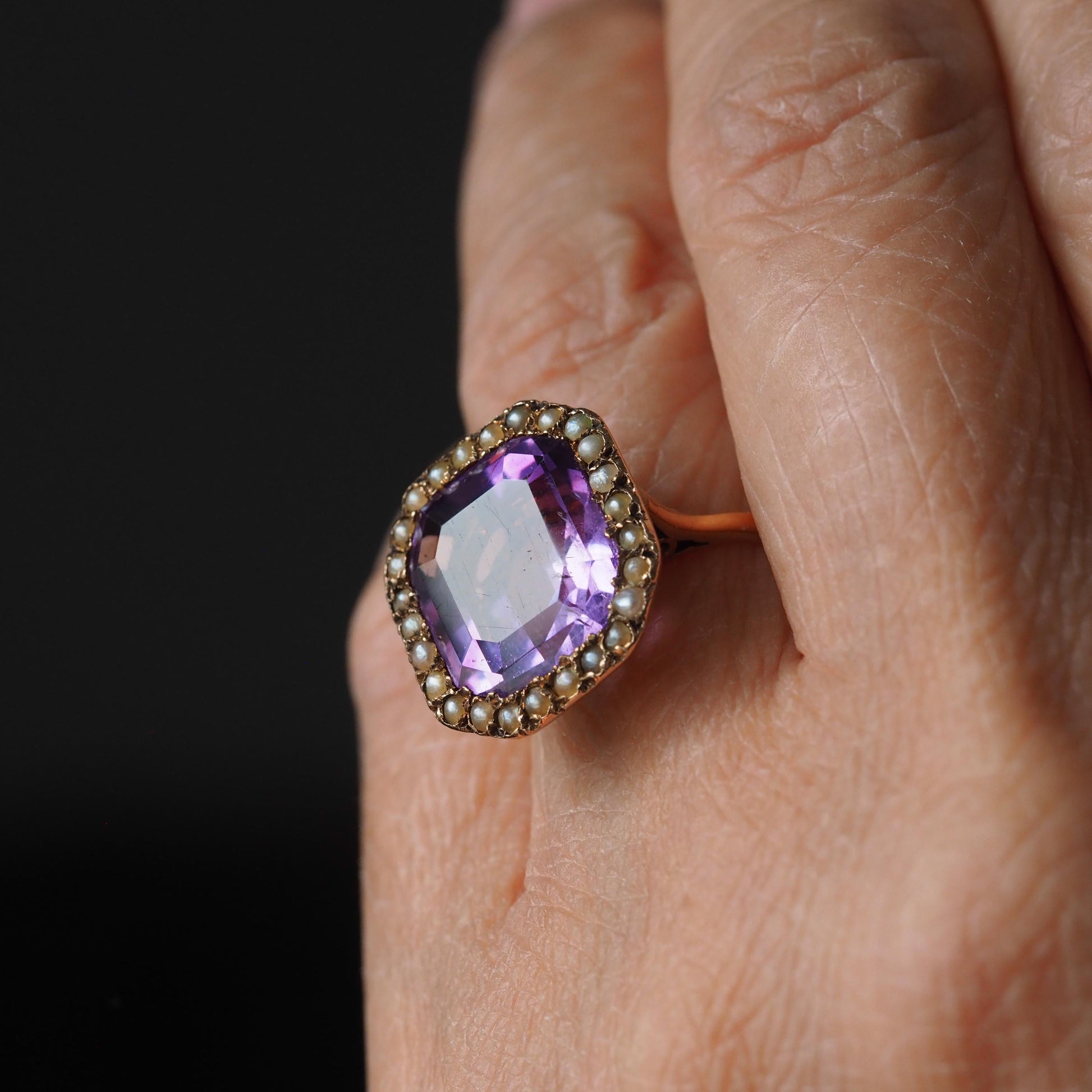 Antique Edwardian 18K Gold Amethyst & Pearl Ring Emerald Cut - c.1900