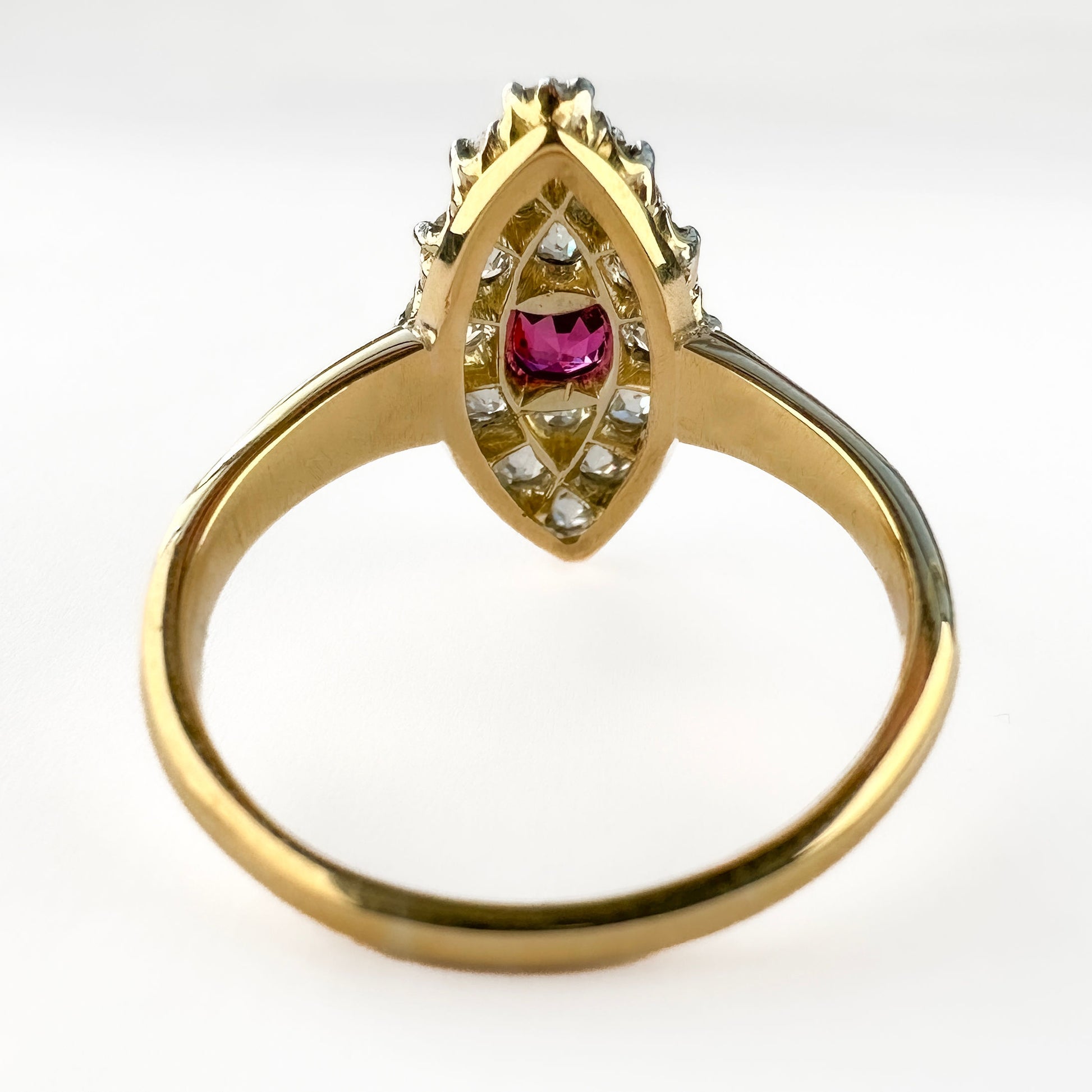 Antique Burma Ruby and Old Cut Diamond Marquise Navette Cluster Ring