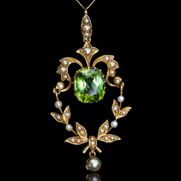 Antique Victorian Peridot Pendant Necklace, Pearls 14K Gold Original Box c.1890