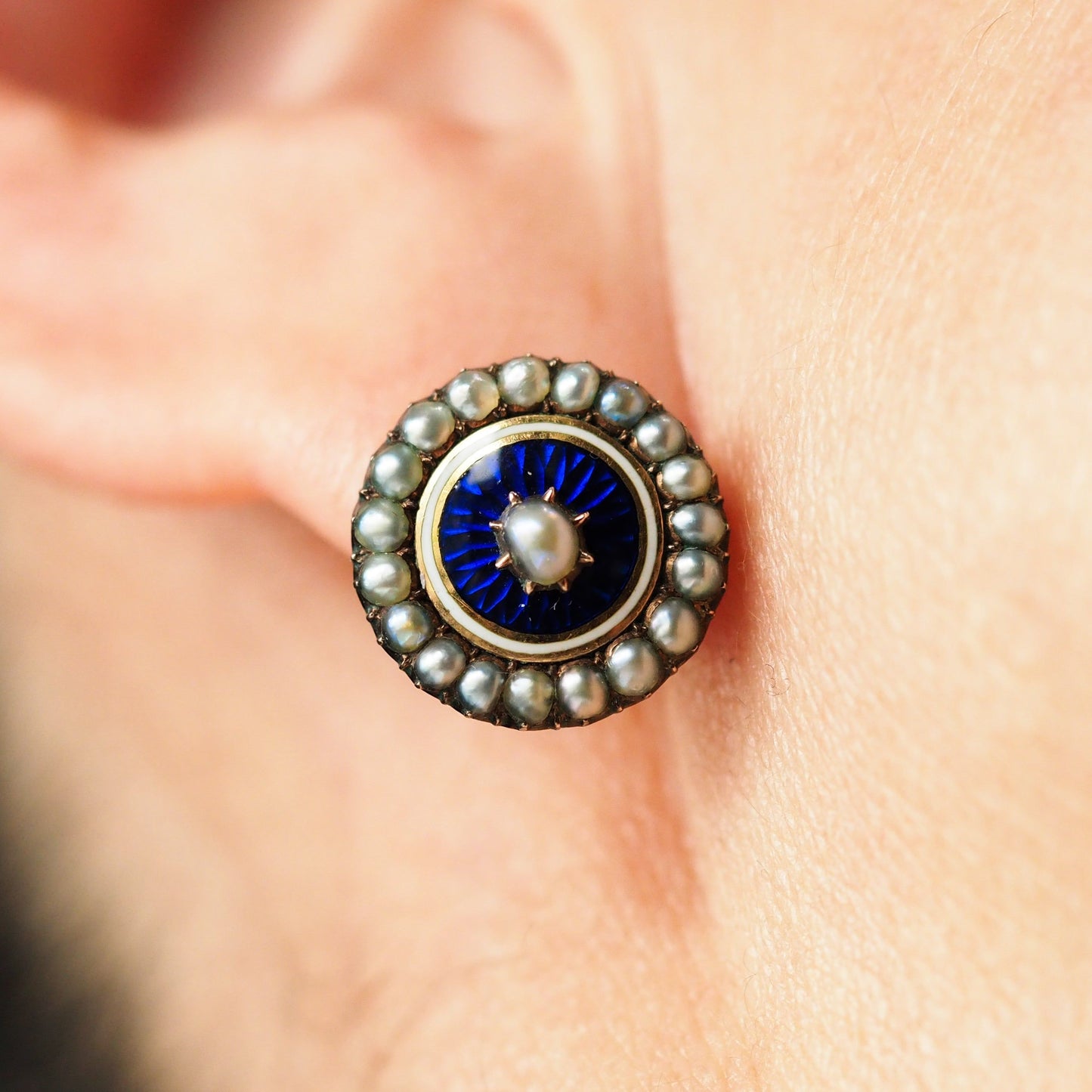 Antique Georgian Gold Earrings with Blue Enamel Guilloche and Seed Pearl Cluster 'Target' Design - c.1800