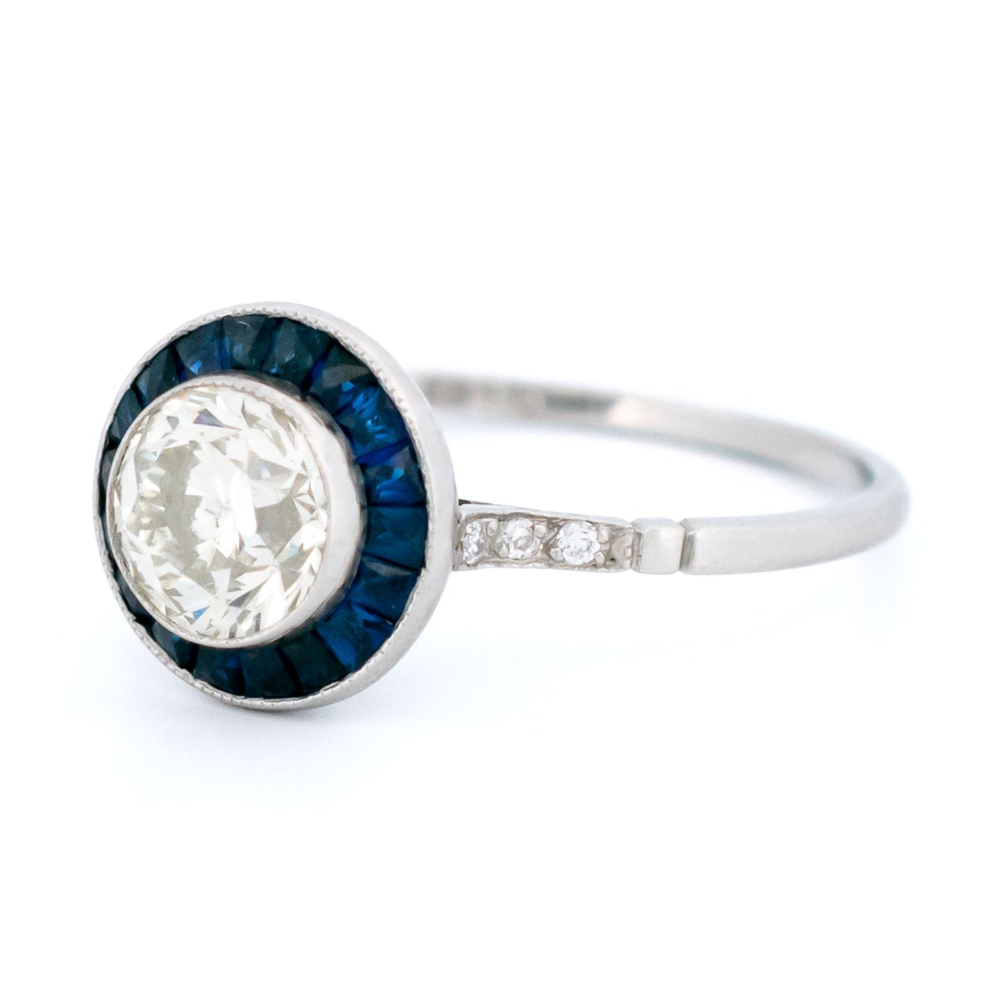 1ct Old European Cut Diamond and Sapphire Halo Target Cluster Ring in Platinum