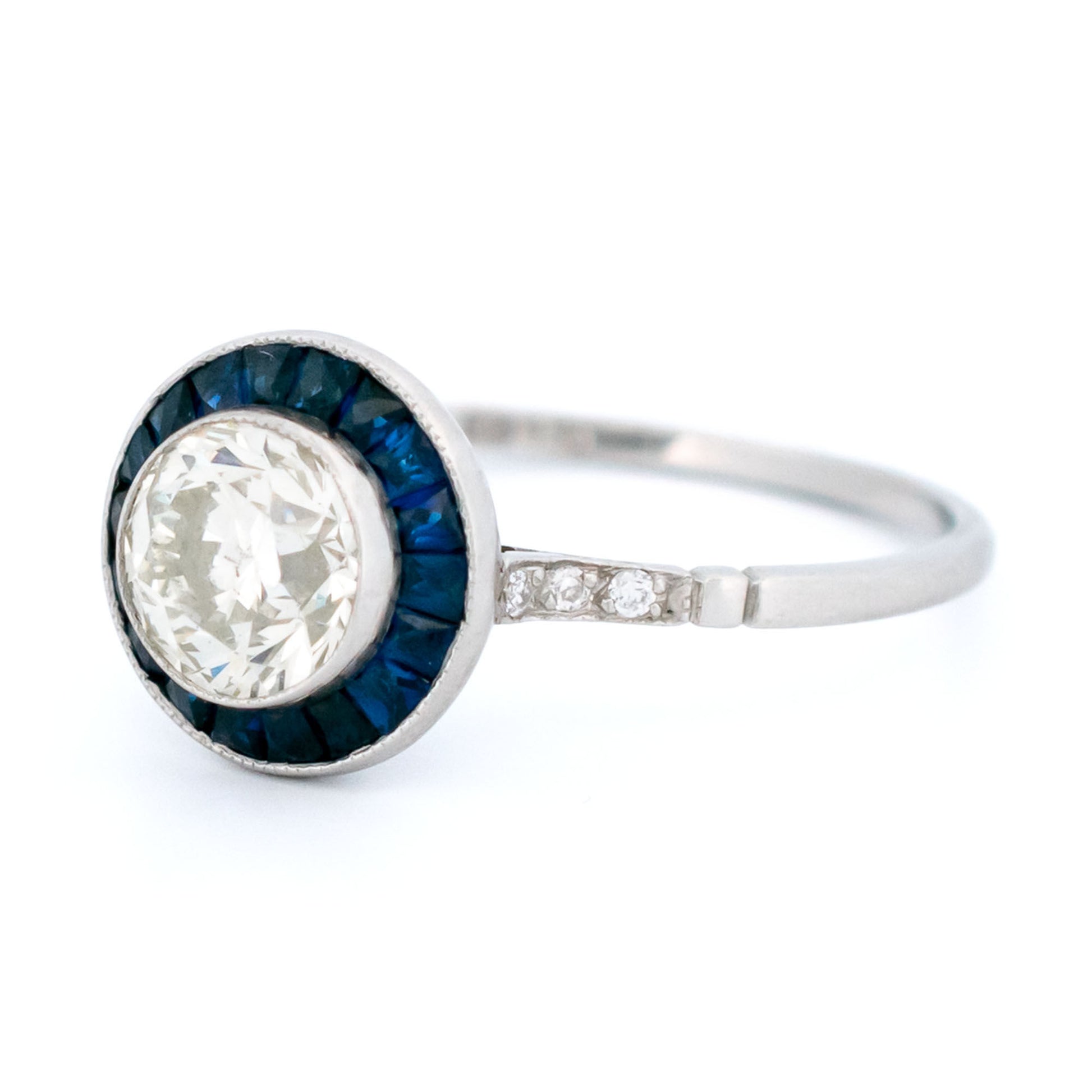 1ct Old European Cut Diamond and Sapphire Halo Target Cluster Ring in Platinum