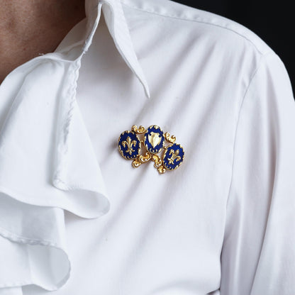 Antique Blue Enamel Fleur de Lys 18ct Gold Brooch in Triple Cartouche Design