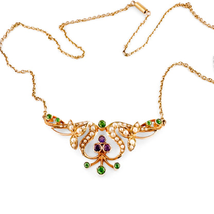Edwardian Antique Demantoid Garnet Amethyst and Pearl Necklace in 15ct Gold
