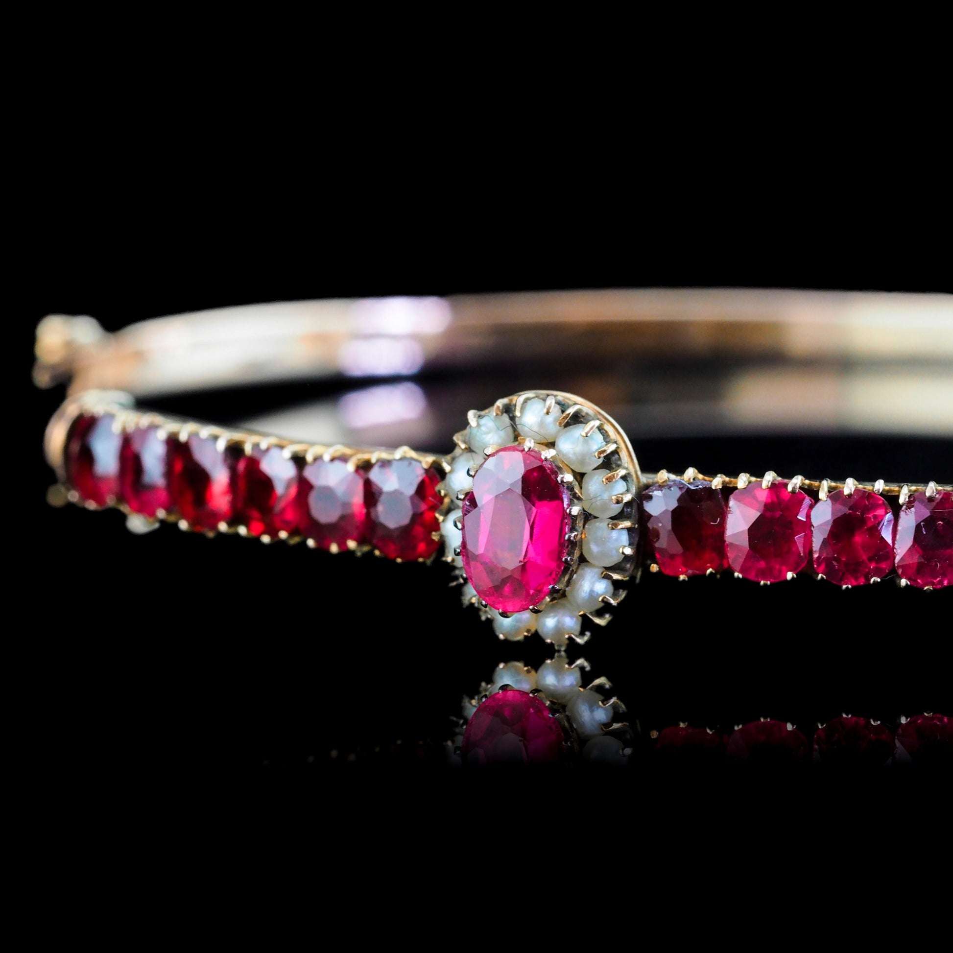 Antique Pink Garnet and Seed Pearl Bangle Bracelet