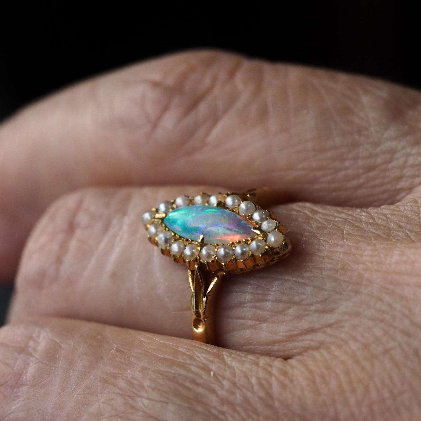 Antique Victorian Opal and Pearl Marquise Cluster Ring