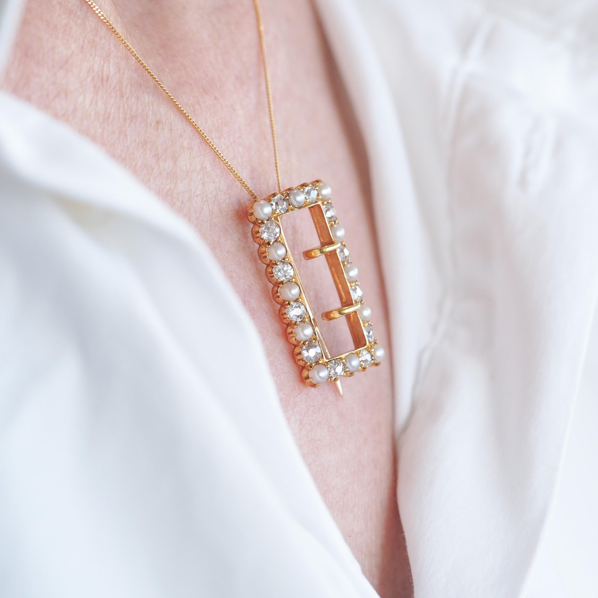 Antique Victorian Diamond Pearl Brooch/Pendant Buckle Shape 18K Gold - c.1890