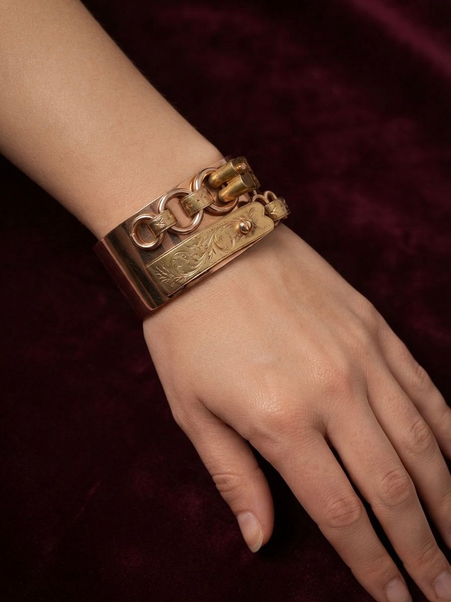 Victorian Antique Yellow Gold Wide Buckle Cuff Bangle Bracelet, Circa 1850