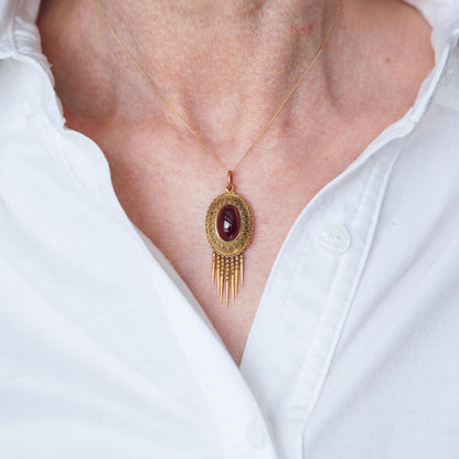 Antique Victorian Garnet Etruscan Revival Pendant Necklace 15K Gold - c.1880
