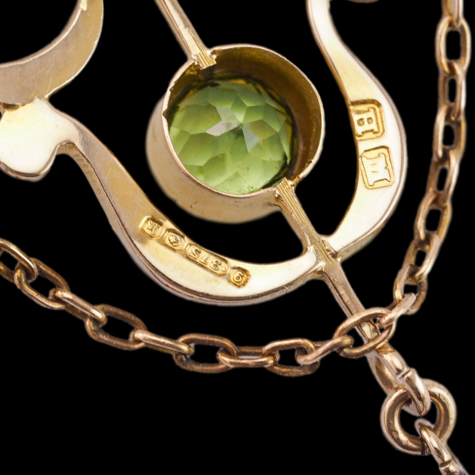 Antique Edwardian Peridot and Seed Pearl Pendant Necklace 9ct Gold - 1909