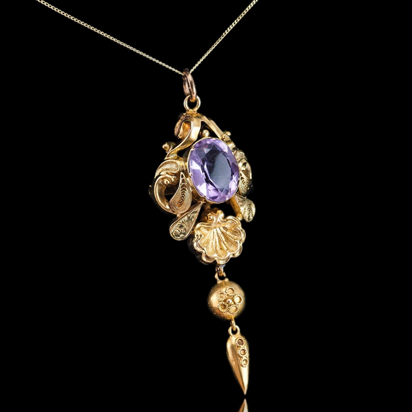Antique Victorian Amethyst Pendant Necklace 14K Gold - 19th c.