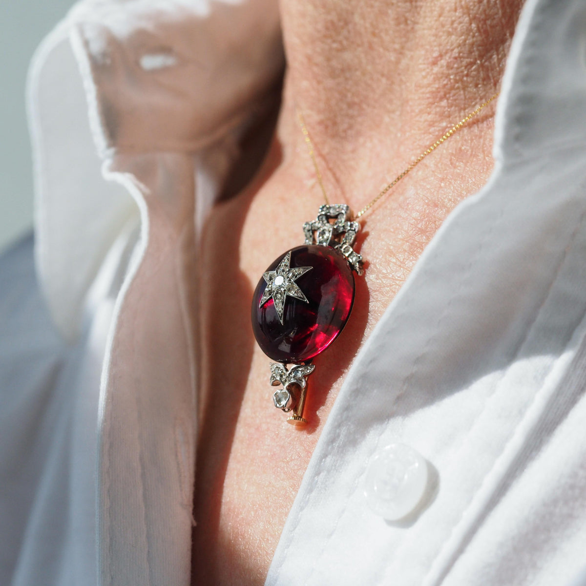 Victorian Antique Garnet and Diamond Star Cabochon Pendant come Brooch