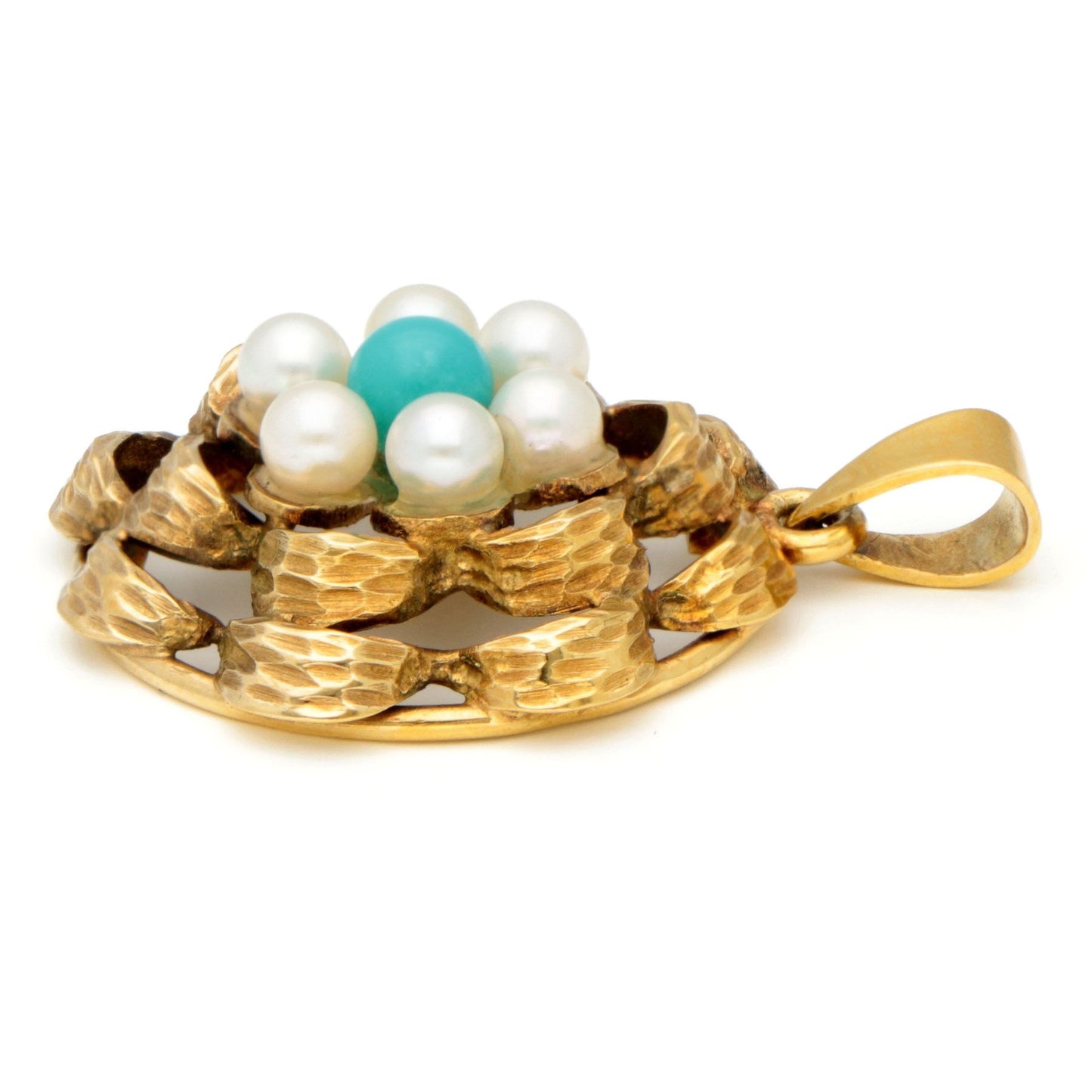 Vintage 14 Carat Yellow Gold, Turquoise and Pearl Cluster Pendant
