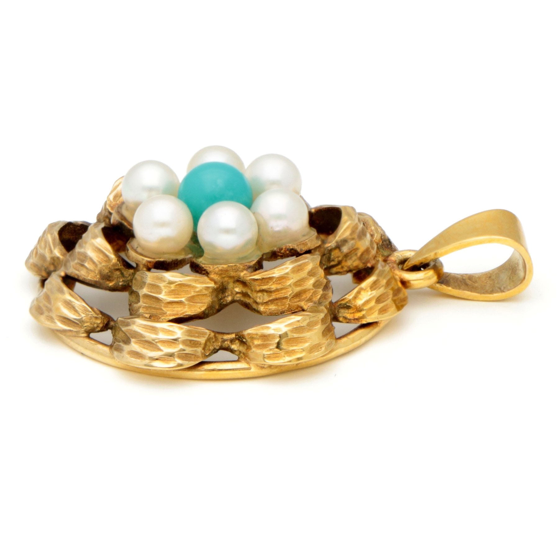 Vintage 14 Carat Yellow Gold, Turquoise and Pearl Cluster Pendant