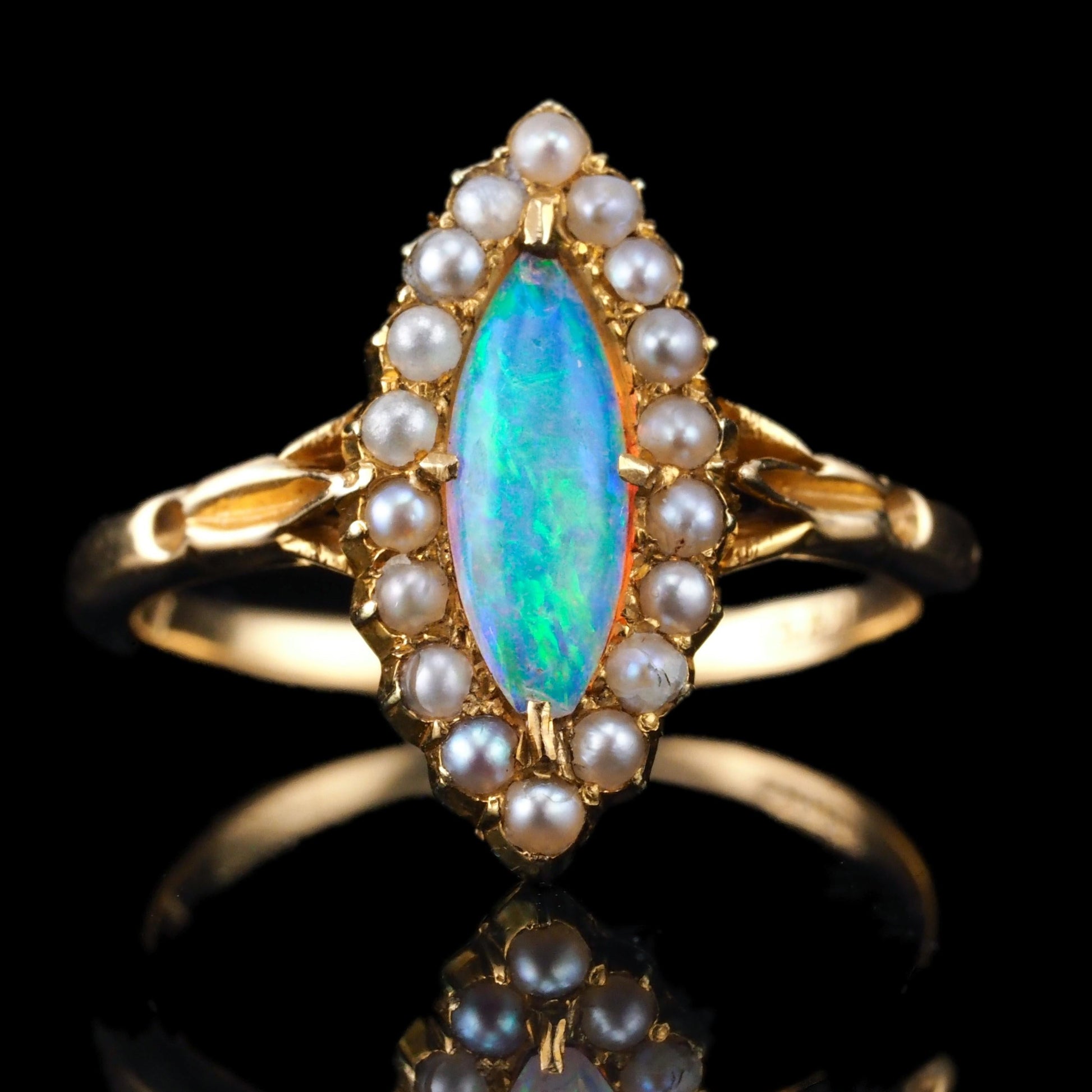 Antique Victorian Opal and Pearl Marquise Cluster Ring