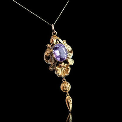 Antique Victorian Amethyst Pendant Necklace 14K Gold - 19th c.