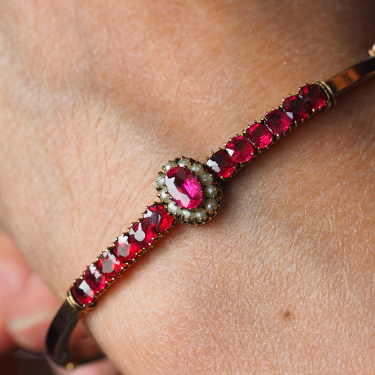 Antique Pink Garnet and Seed Pearl Bangle Bracelet